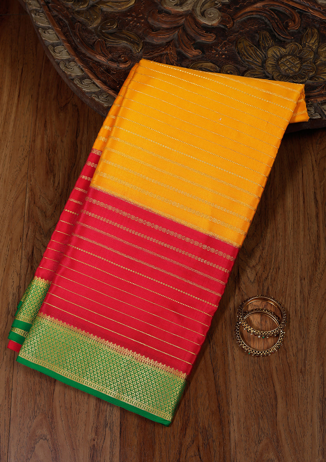 Mustard Yellow Crepe Stripes Saree With Matching Blouse Piece