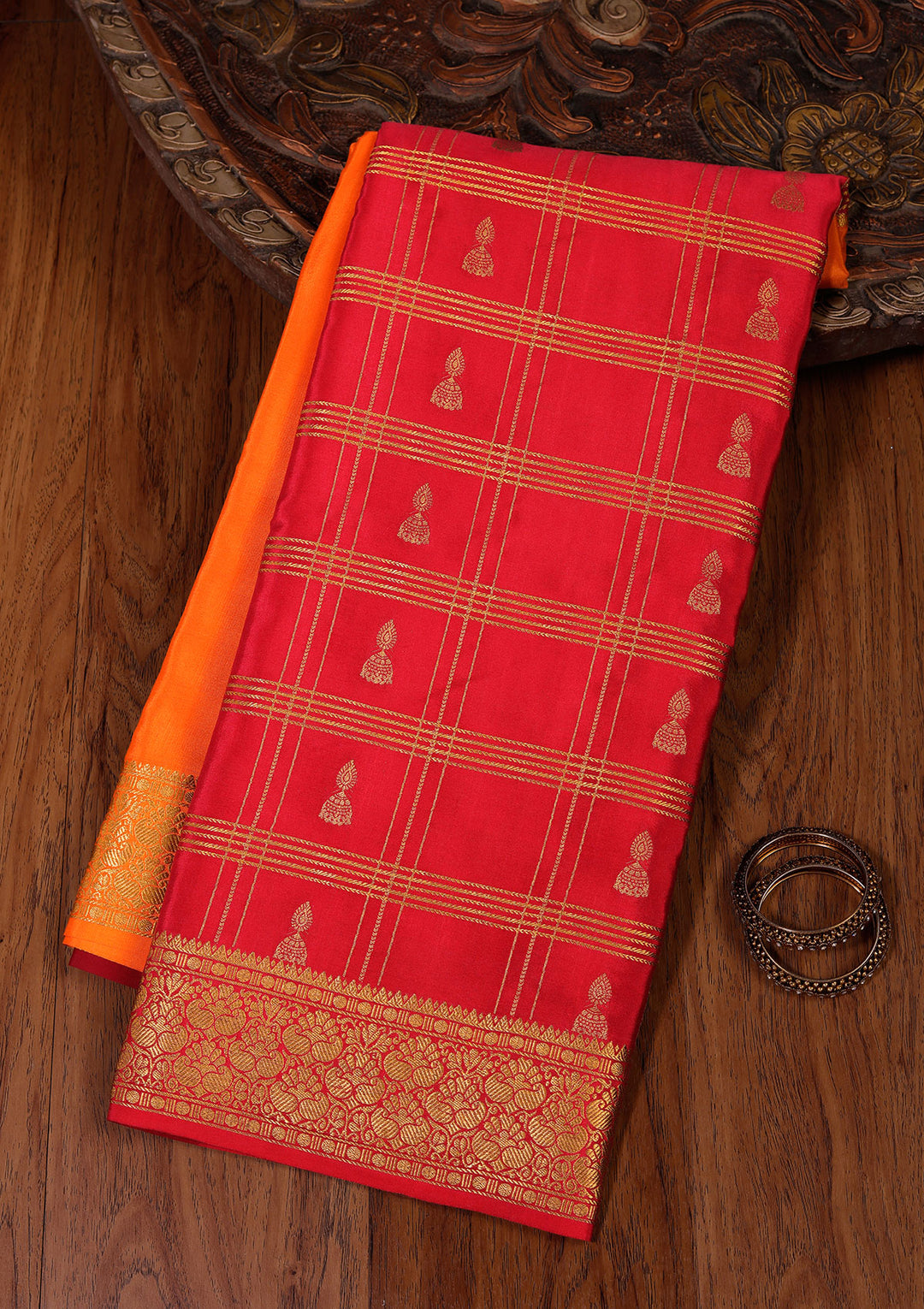 Orange Crepe Checks Saree With Matching Blouse Piece