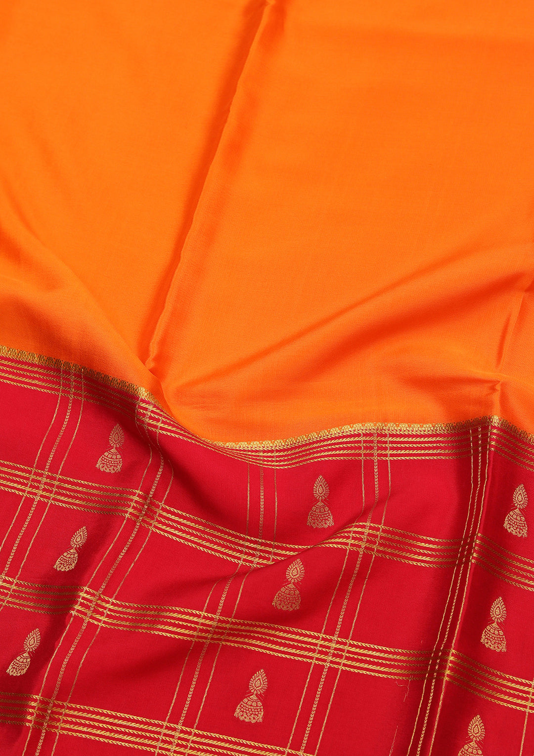 Orange Crepe Checks Saree With Matching Blouse Piece