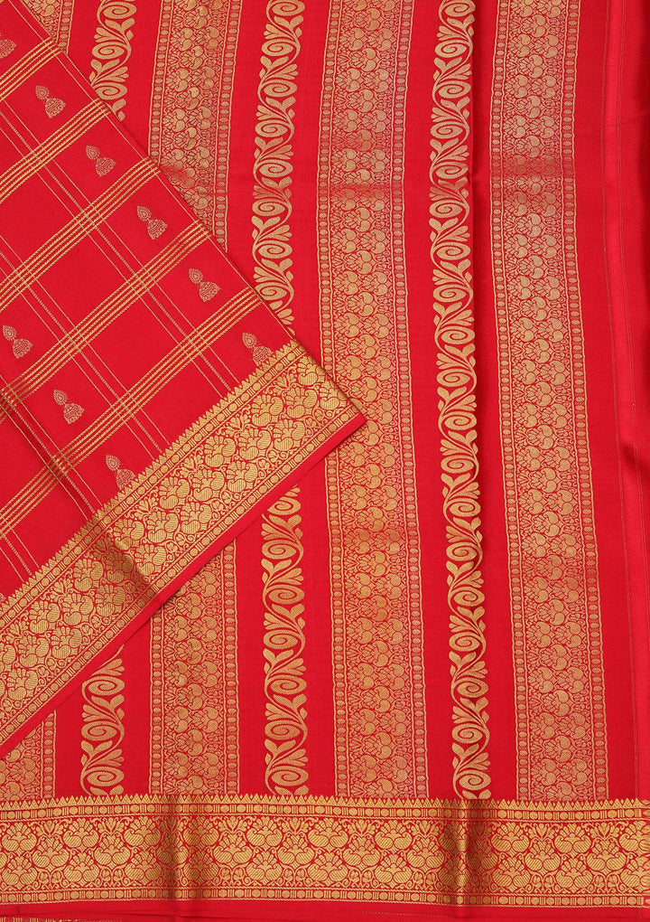 Orange Crepe Checks Saree With Matching Blouse Piece