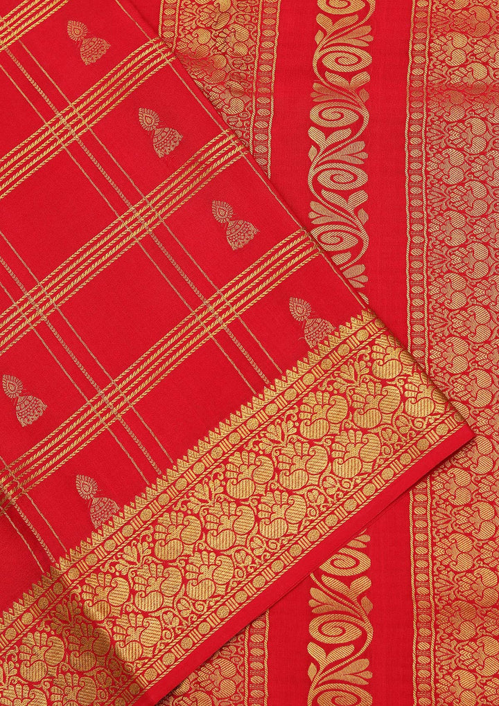 Orange Crepe Checks Saree With Matching Blouse Piece