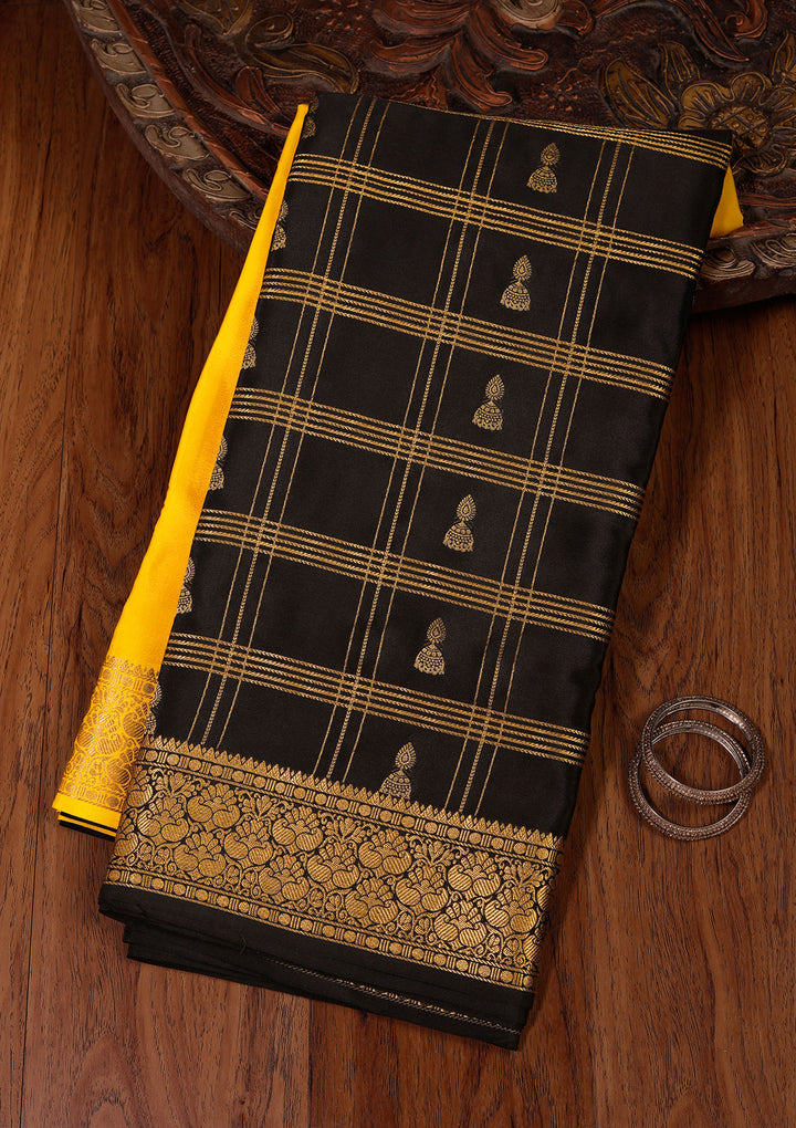 Yellow Crepe Checks Saree With Matching Blouse Piece
