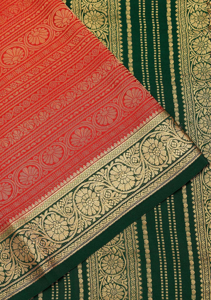 Red Crepe Jaal Saree With Matching Blouse Piece