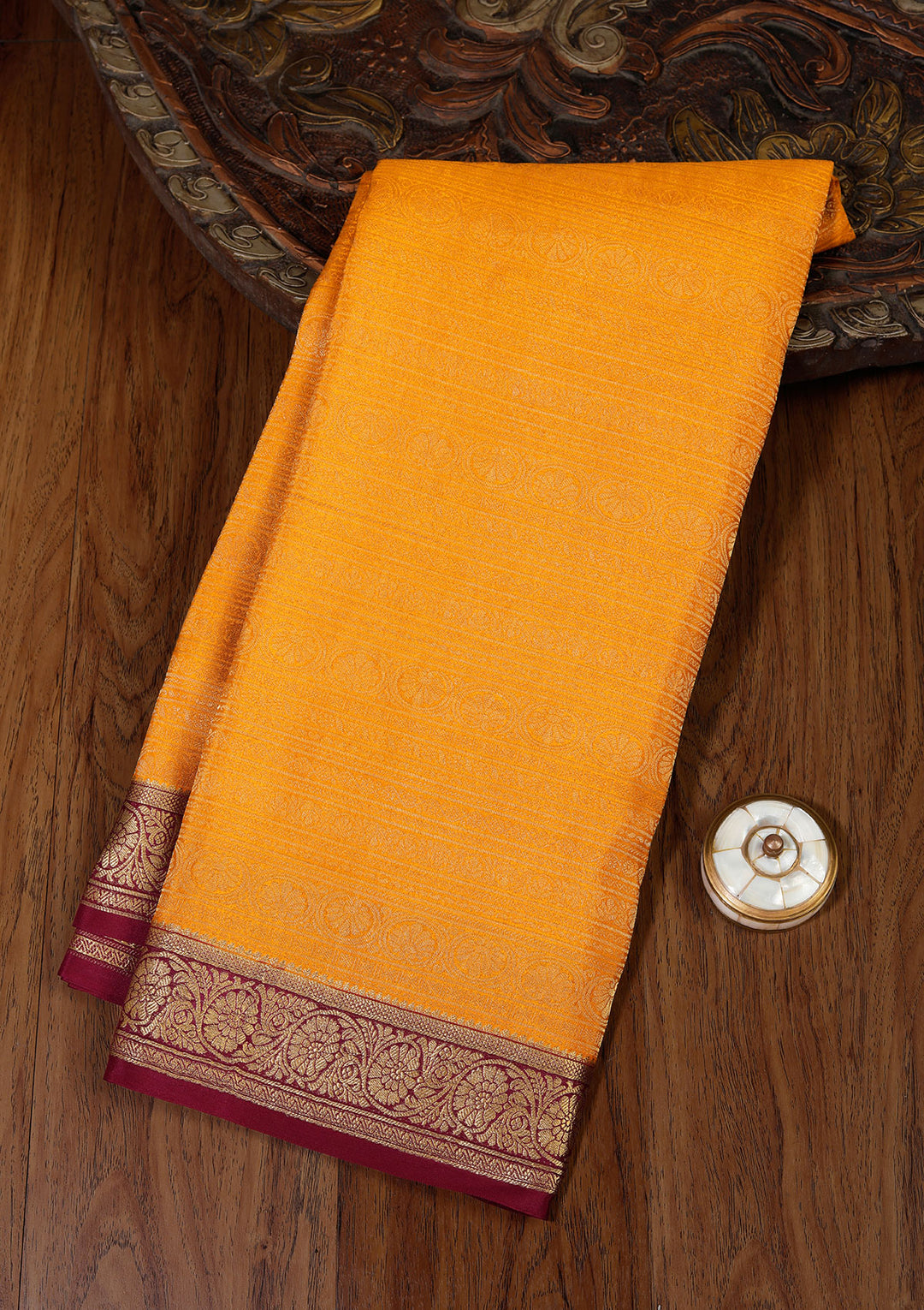 Yellow Crepe Jaal Saree With Matching Blouse Piece