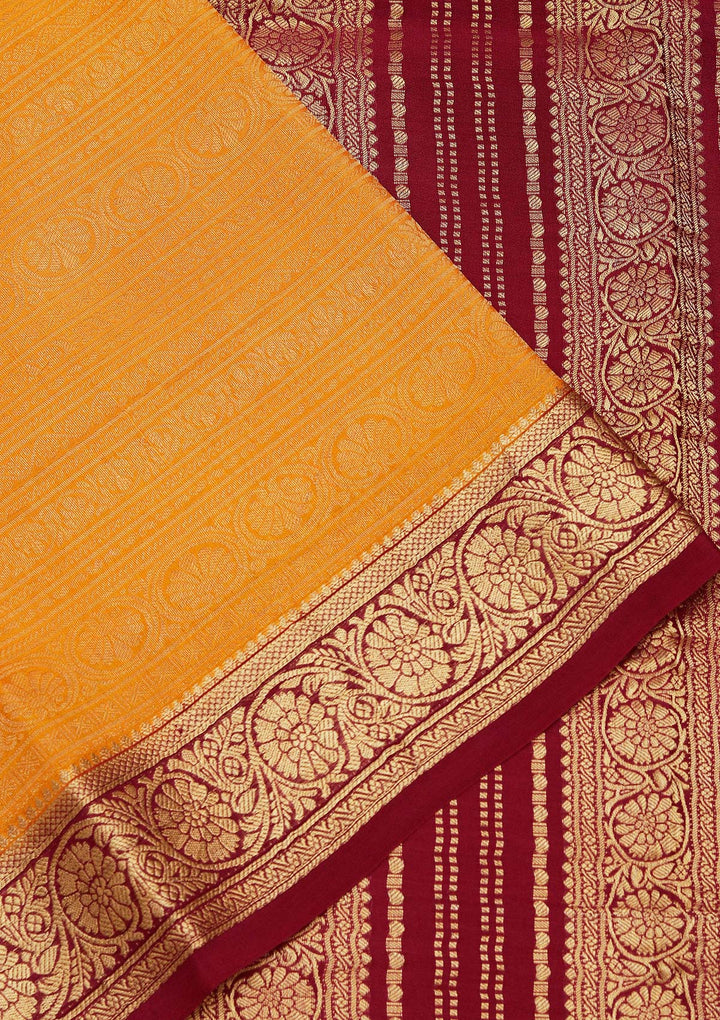 Yellow Crepe Jaal Saree With Matching Blouse Piece