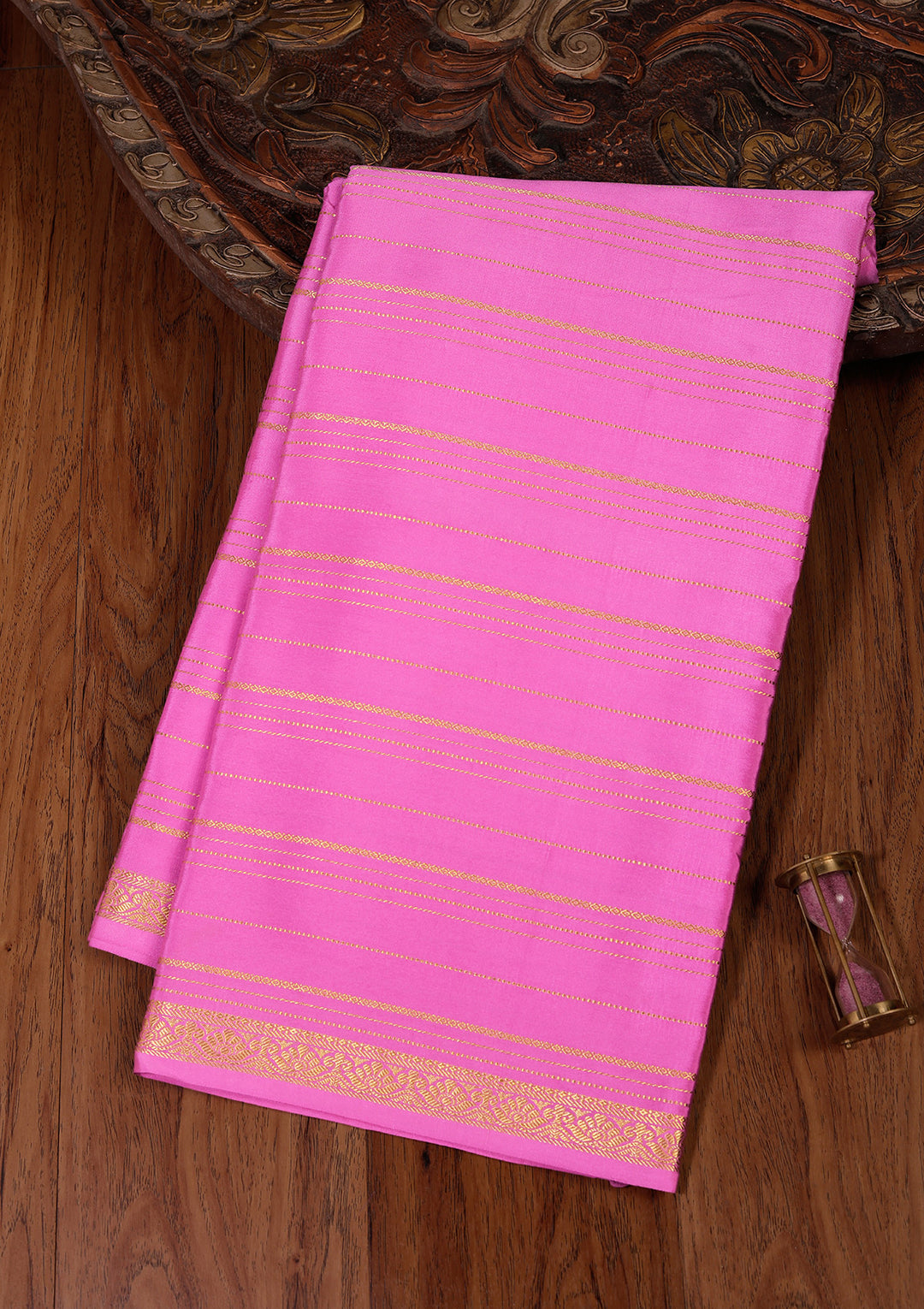 Pink Crepe Stripes Saree With Matching Blouse Piece