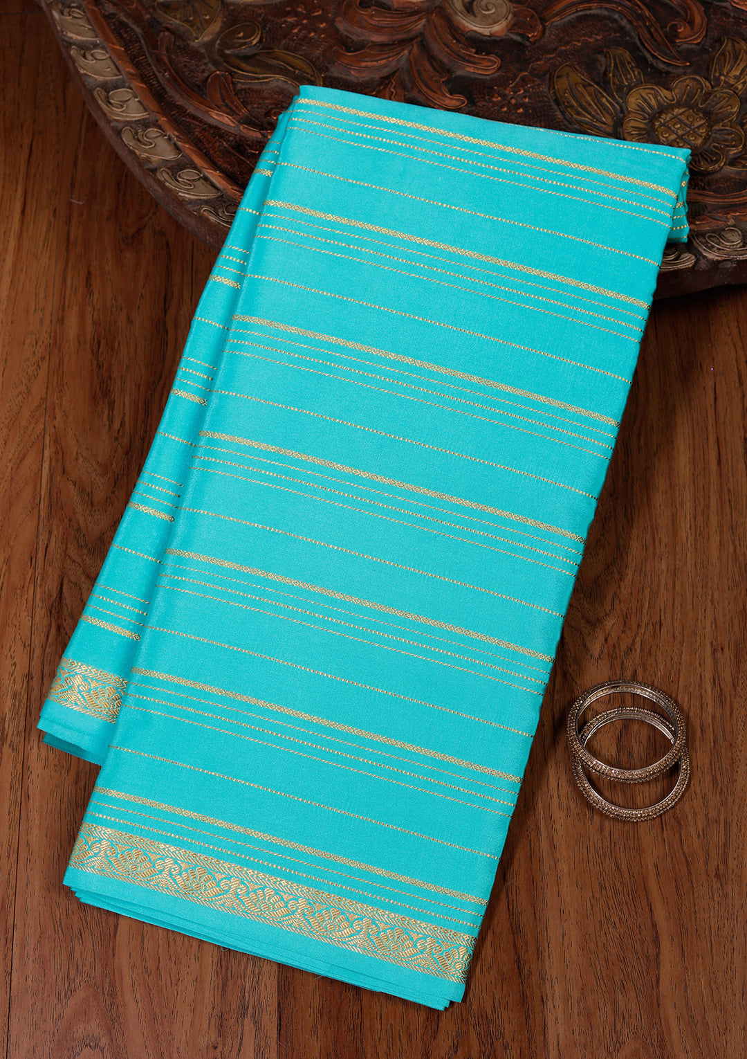 Sky Blue Crepe Stripes Saree With Matching Blouse Piece