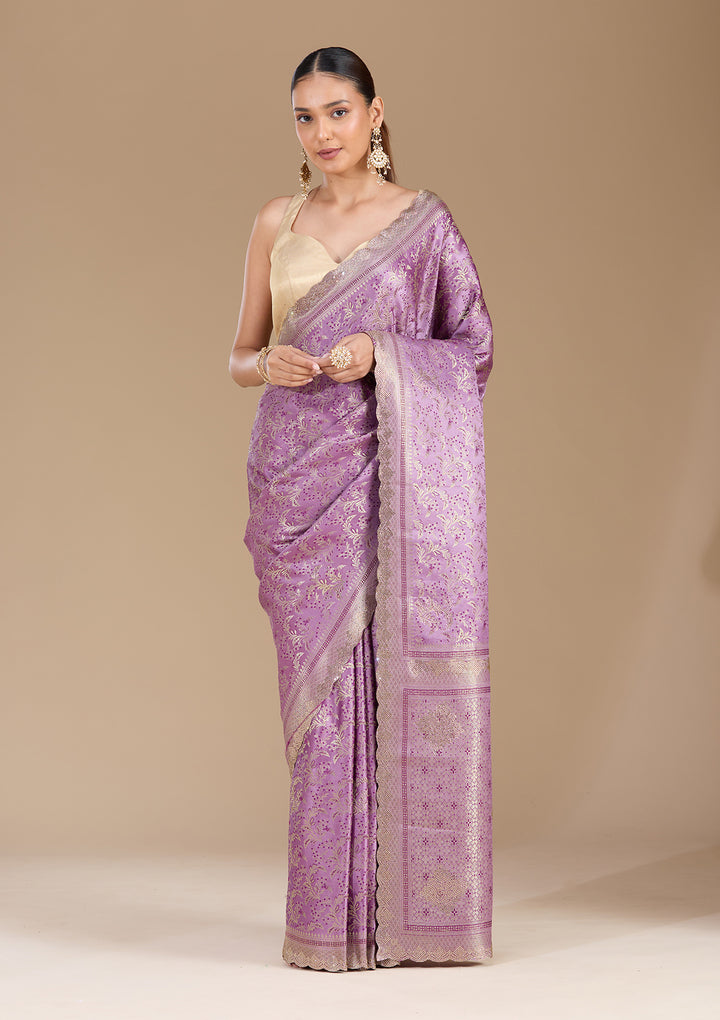 Lavender Silk Jaal Gold Stonework Saree With Matching Blouse Piece