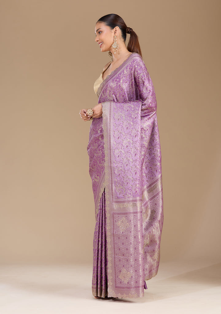 Lavender Silk Jaal Gold Stonework Saree With Matching Blouse Piece
