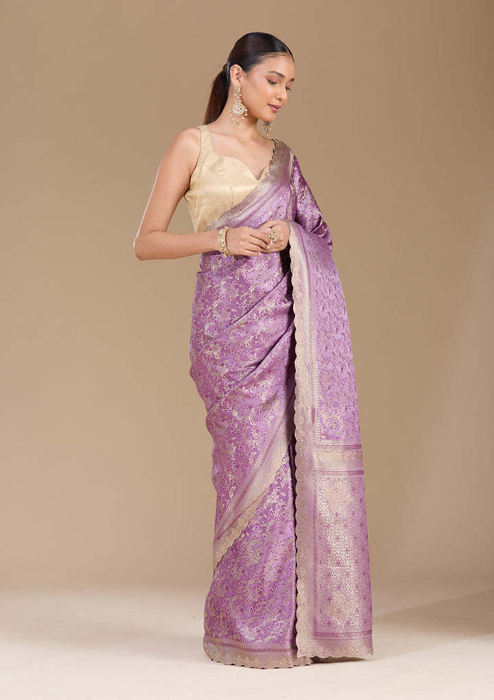 Lavender Silk Jaal Gold Stonework Saree With Matching Blouse Piece
