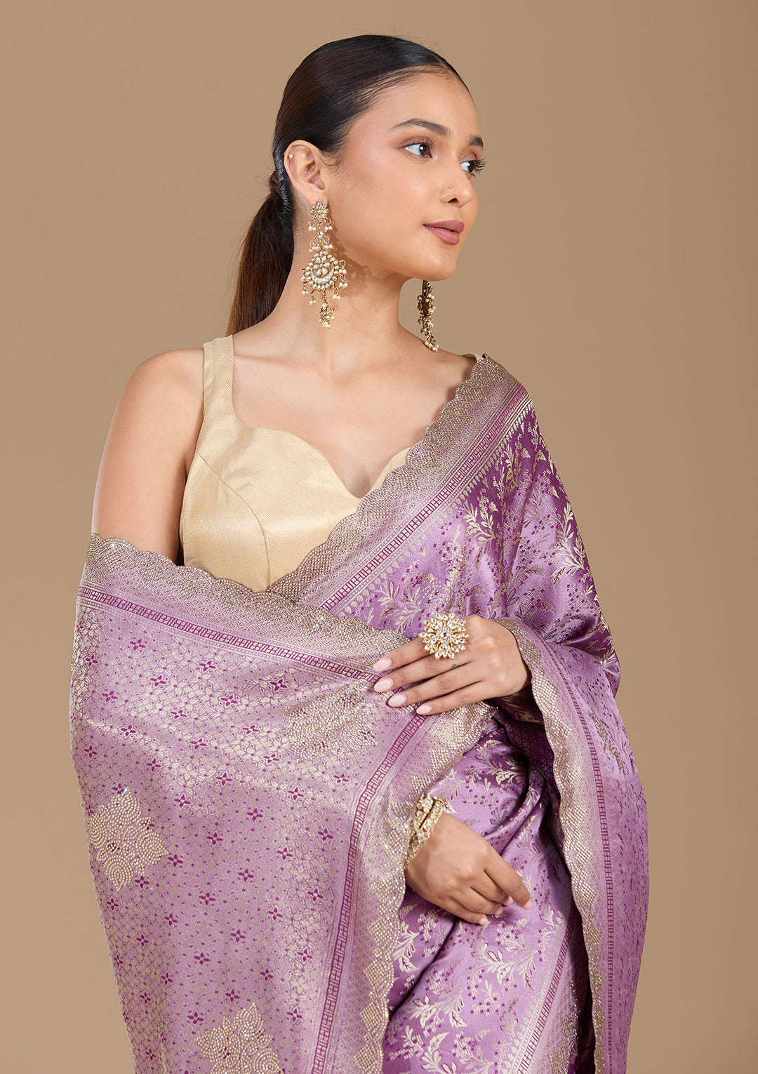 Lavender Silk Jaal Gold Stonework Saree With Matching Blouse Piece