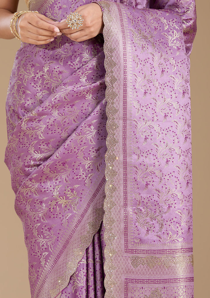 Lavender Silk Jaal Gold Stonework Saree With Matching Blouse Piece