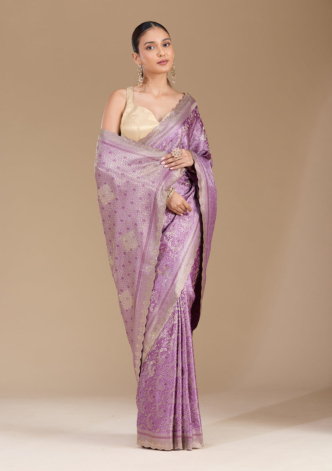 Lavender Silk Jaal Gold Stonework Saree With Matching Blouse Piece