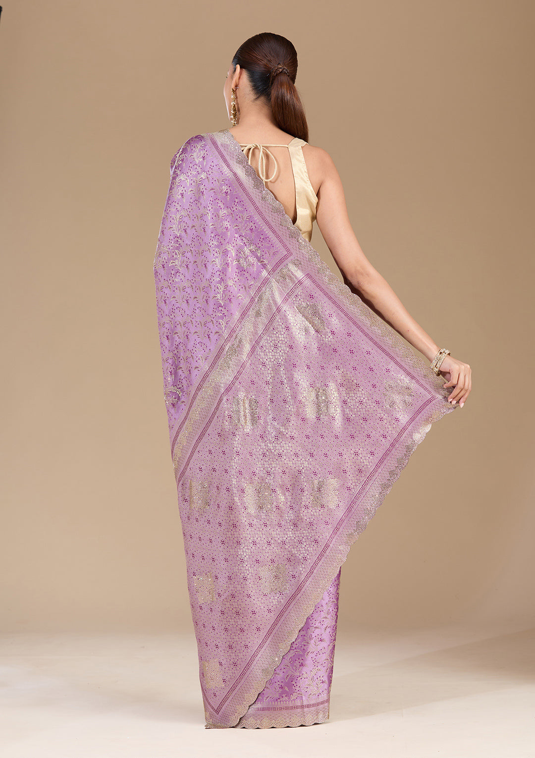 Lavender Silk Jaal Gold Stonework Saree With Matching Blouse Piece