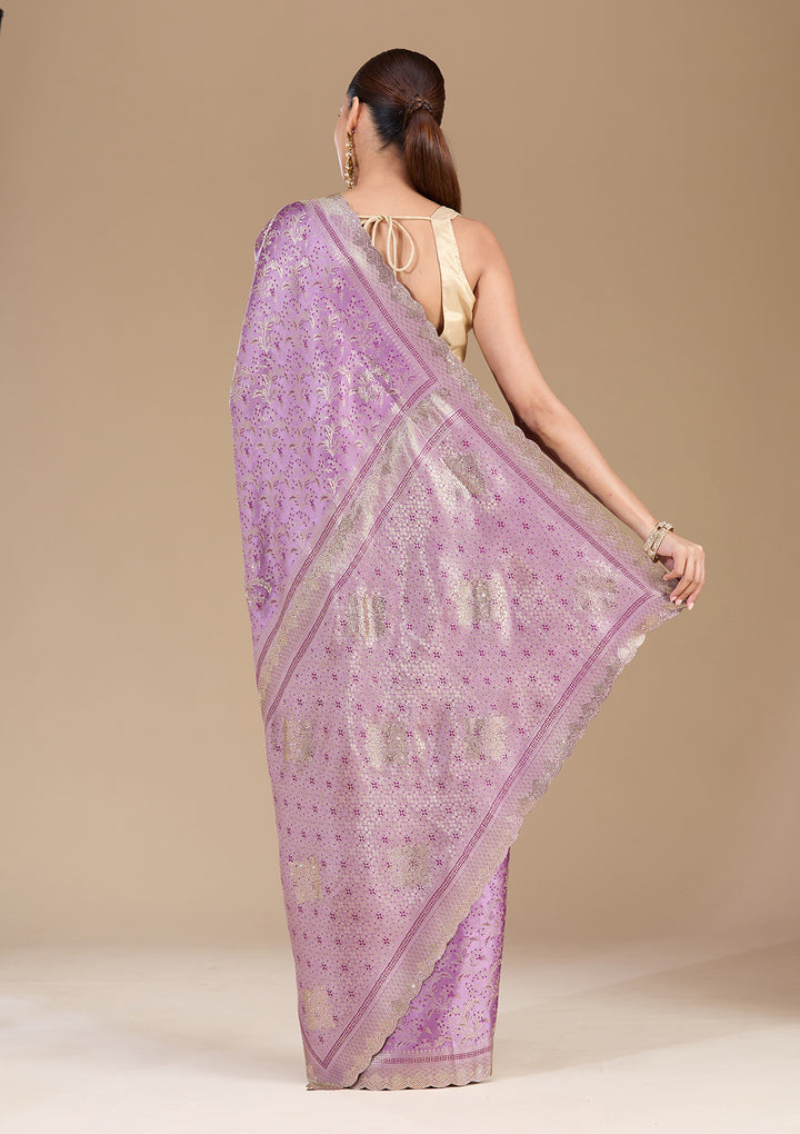 Lavender Silk Jaal Gold Stonework Saree With Matching Blouse Piece
