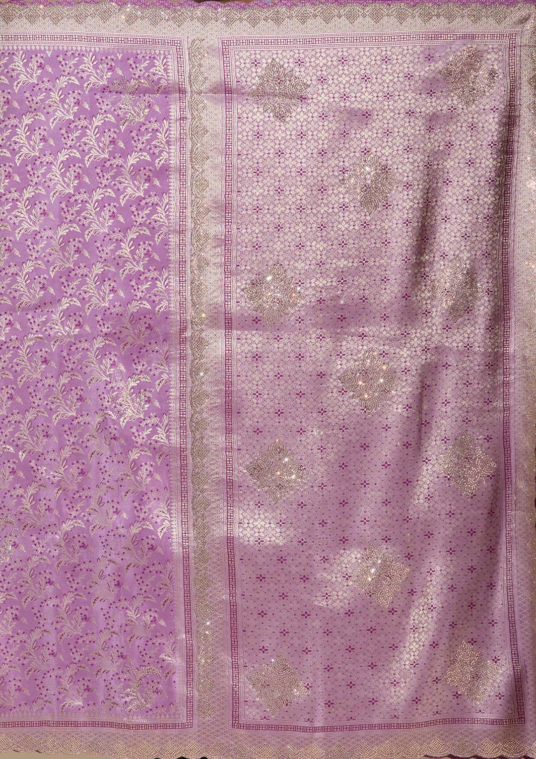 Lavender Silk Jaal Gold Stonework Saree With Matching Blouse Piece