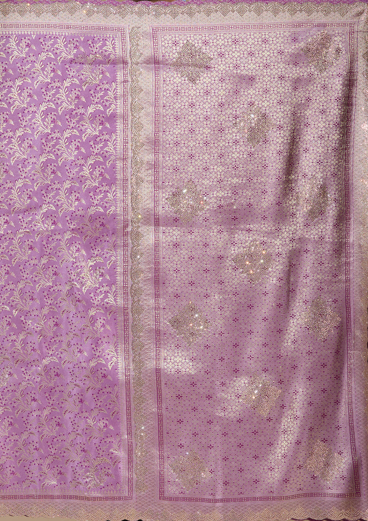 Lavender Silk Jaal Gold Stonework Saree With Matching Blouse Piece
