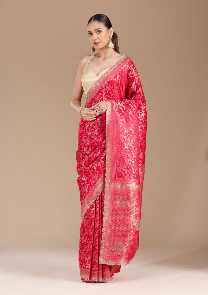 Red Silk Jaal Gold Stonework Saree With Matching Blouse Piece