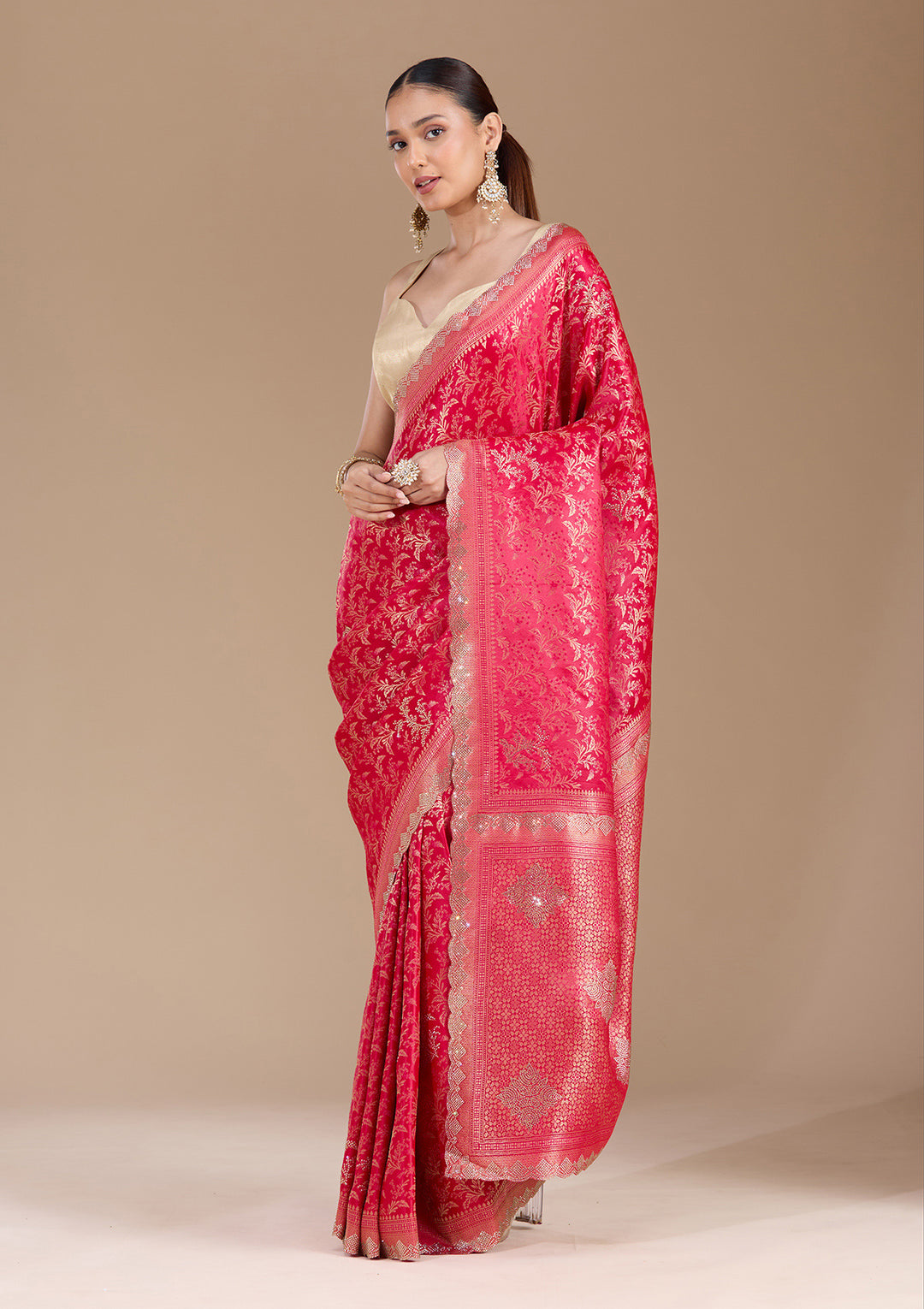 Red Silk Jaal Gold Stonework Saree With Matching Blouse Piece