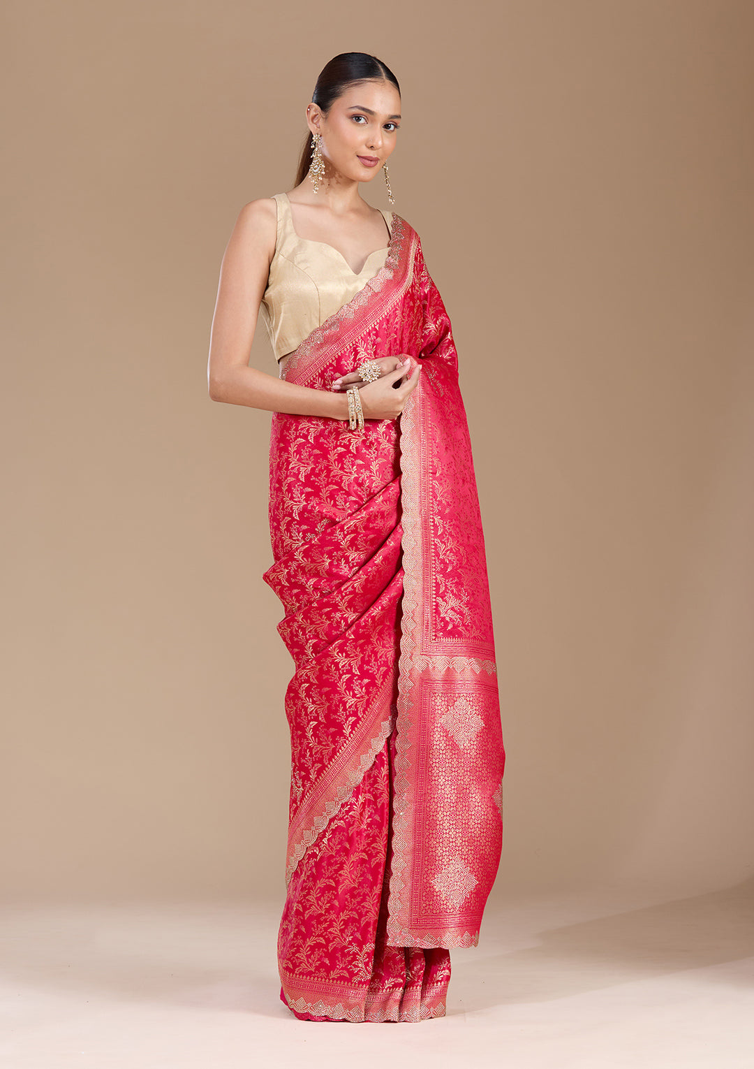 Red Silk Jaal Gold Stonework Saree With Matching Blouse Piece