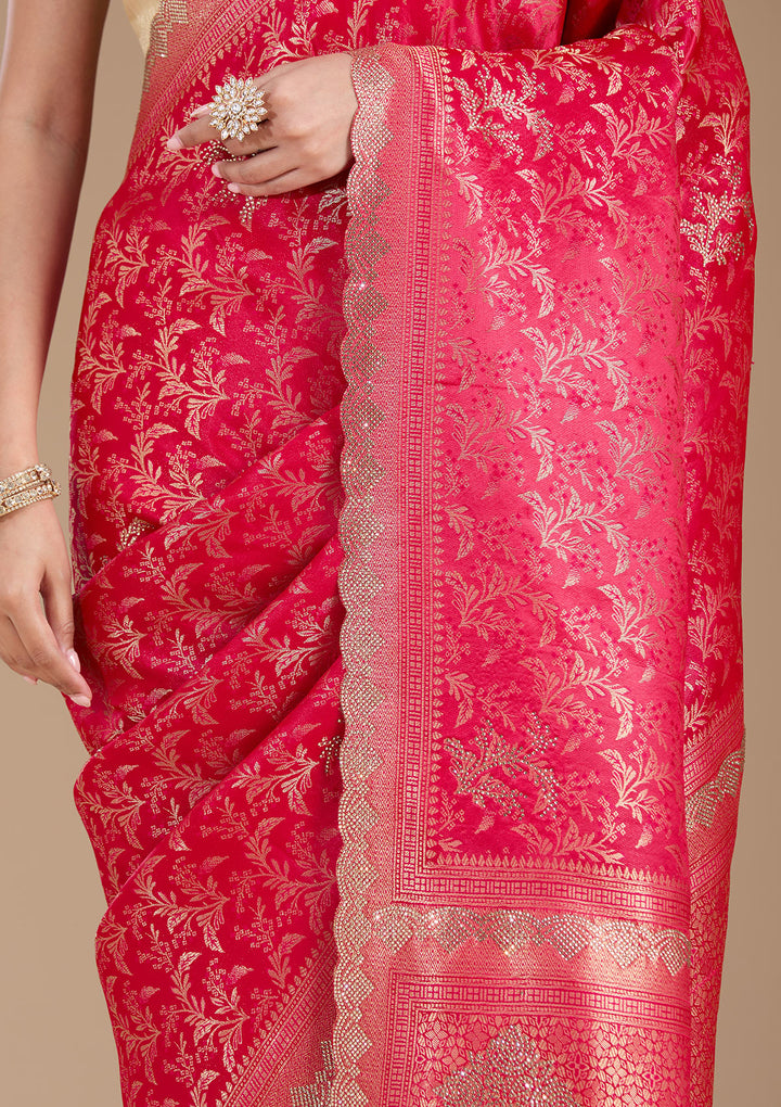 Red Silk Jaal Gold Stonework Saree With Matching Blouse Piece