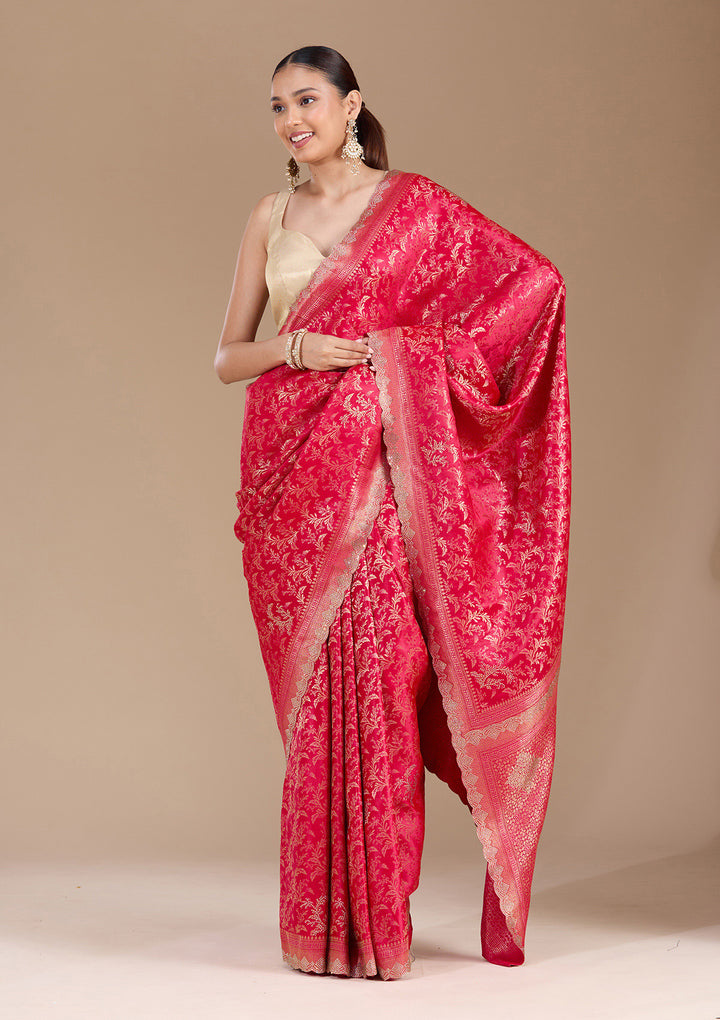 Red Silk Jaal Gold Stonework Saree With Matching Blouse Piece