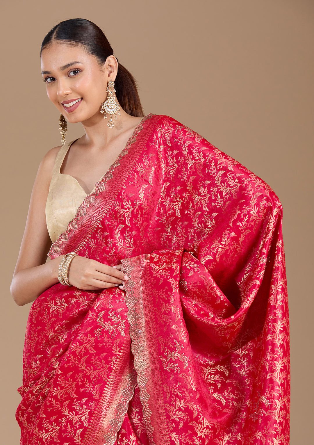 Red Silk Jaal Gold Stonework Saree With Matching Blouse Piece