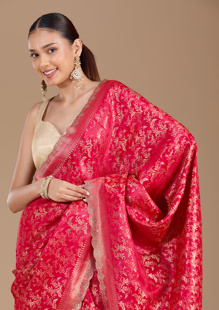 Red Silk Jaal Gold Stonework Saree With Matching Blouse Piece