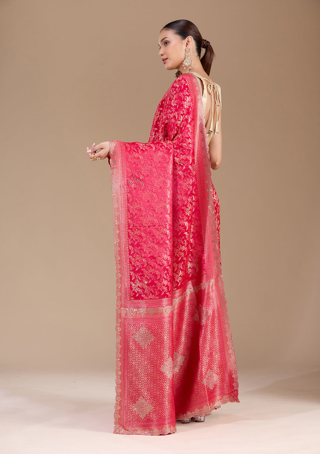 Red Silk Jaal Gold Stonework Saree With Matching Blouse Piece