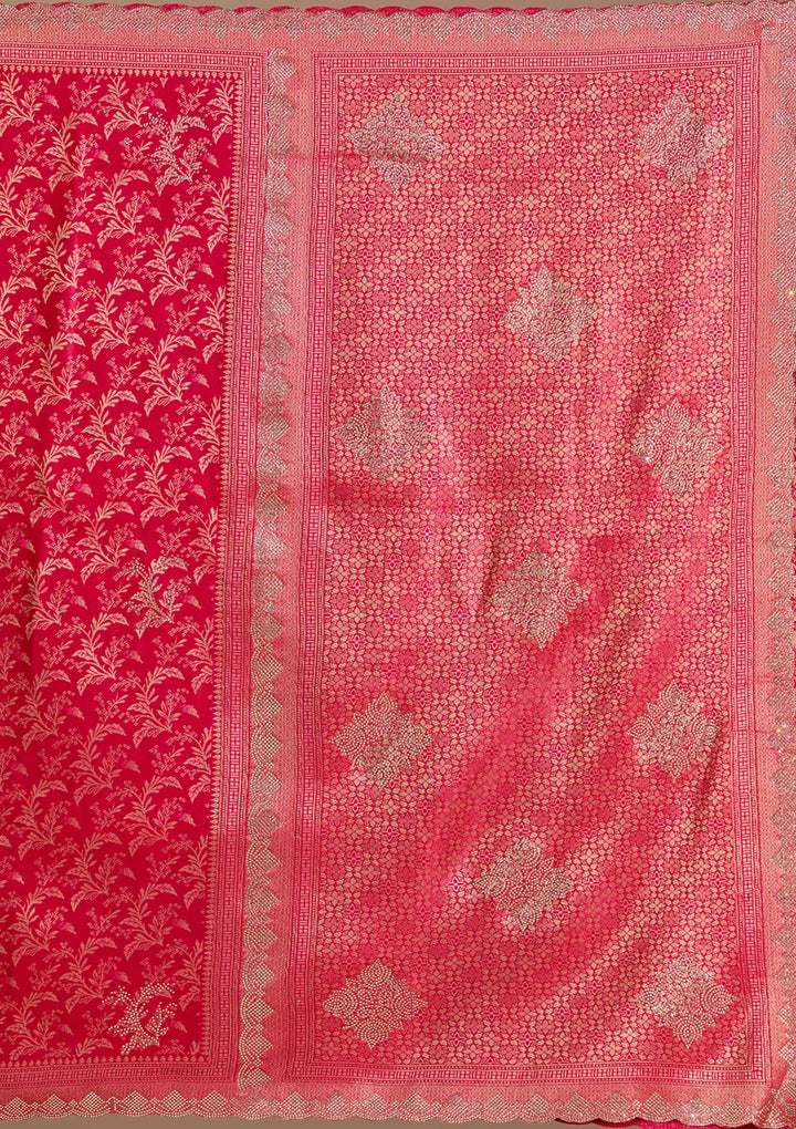Red Silk Jaal Gold Stonework Saree With Matching Blouse Piece