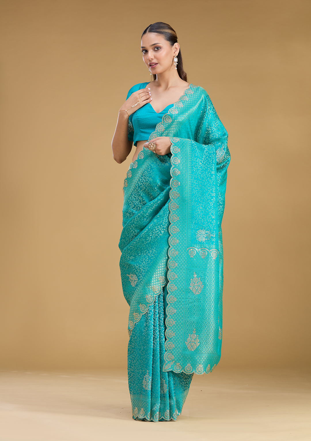 Rama Green Silk Jaal Stonework Saree With Matching Blouse Piece