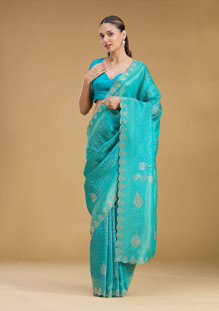Rama Green Silk Jaal Stonework Saree With Matching Blouse Piece