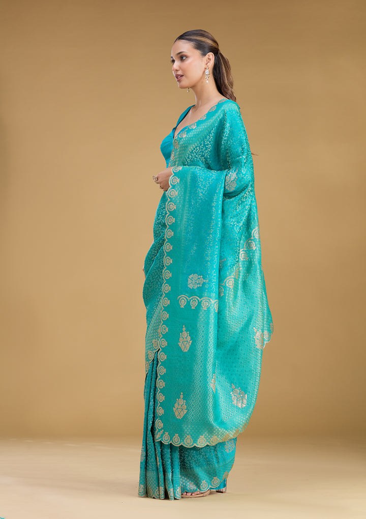 Rama Green Silk Jaal Stonework Saree With Matching Blouse Piece