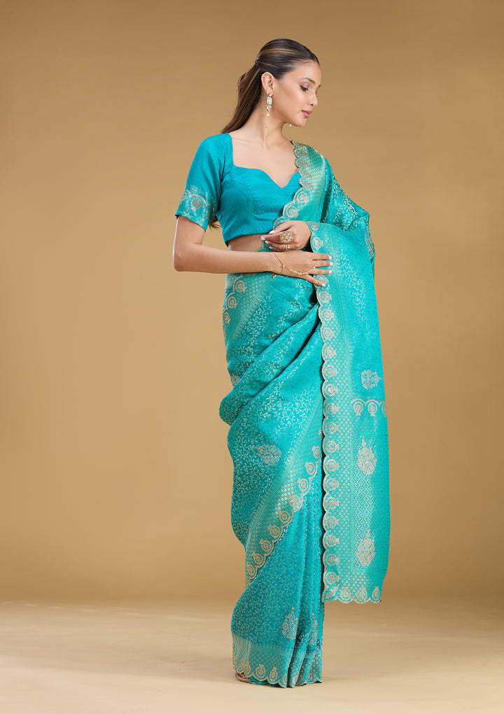 Rama Green Silk Jaal Stonework Saree With Matching Blouse Piece