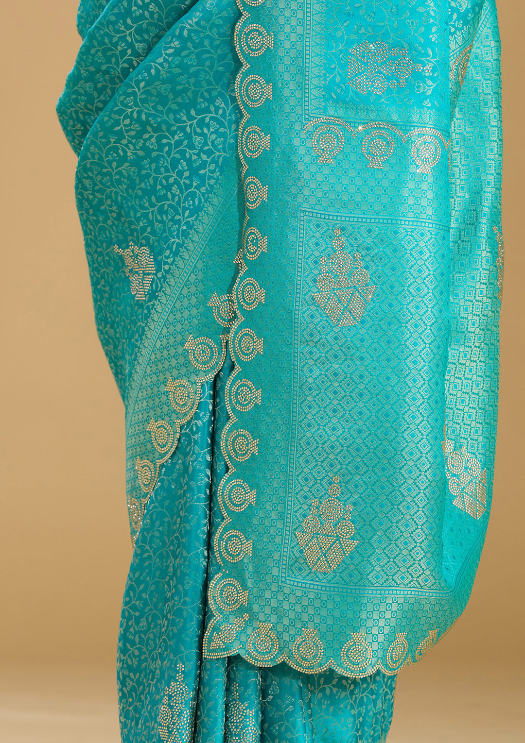 Rama Green Silk Jaal Stonework Saree With Matching Blouse Piece