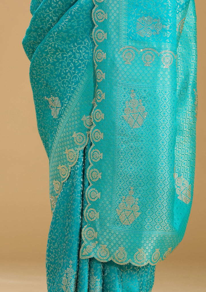 Rama Green Silk Jaal Stonework Saree With Matching Blouse Piece