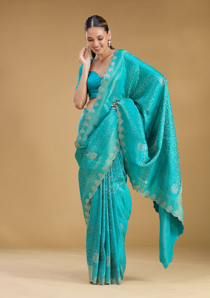 Rama Green Silk Jaal Stonework Saree With Matching Blouse Piece