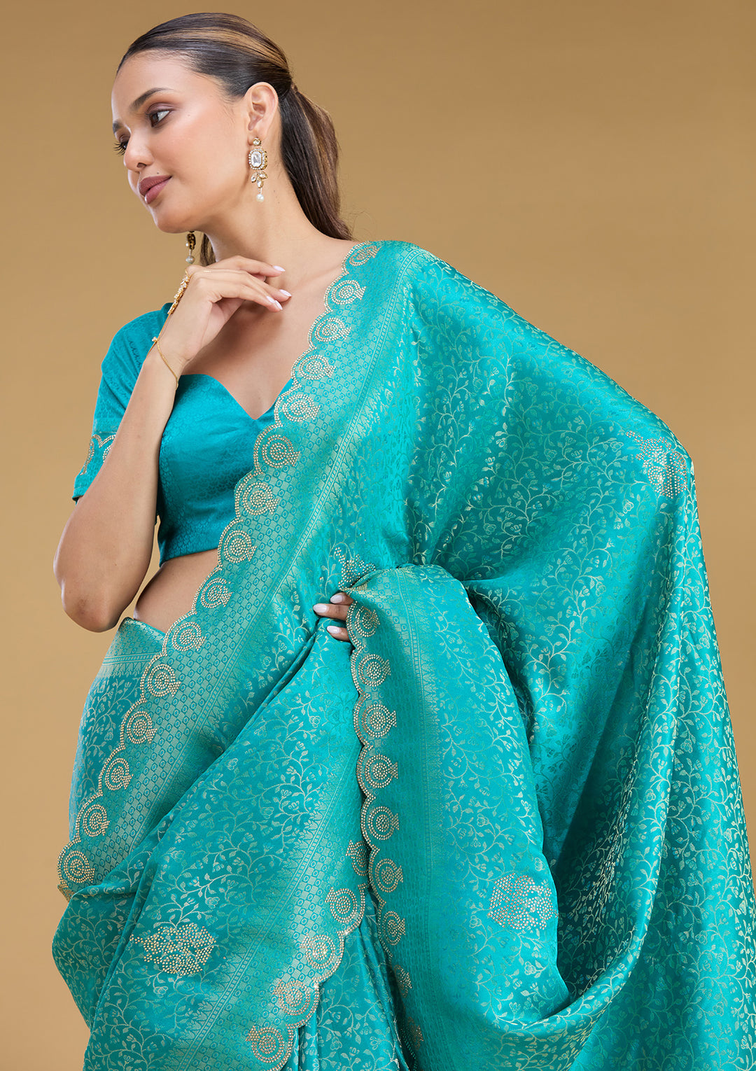 Rama Green Silk Jaal Stonework Saree With Matching Blouse Piece