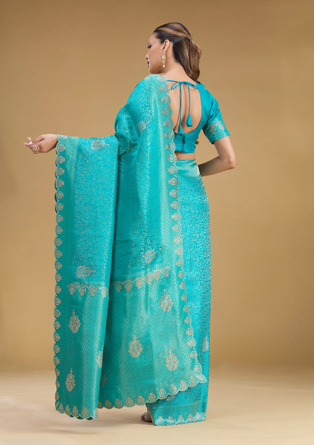 Rama Green Silk Jaal Stonework Saree With Matching Blouse Piece