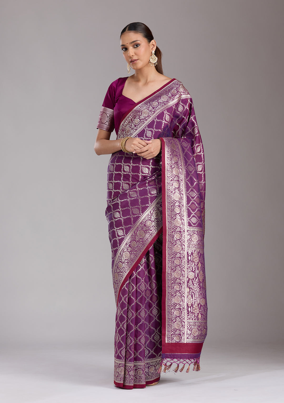 Purple Silk Jaal Stonework Saree With Matching Blouse Piece