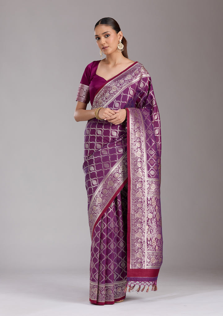 Purple Silk Jaal Stonework Saree With Matching Blouse Piece