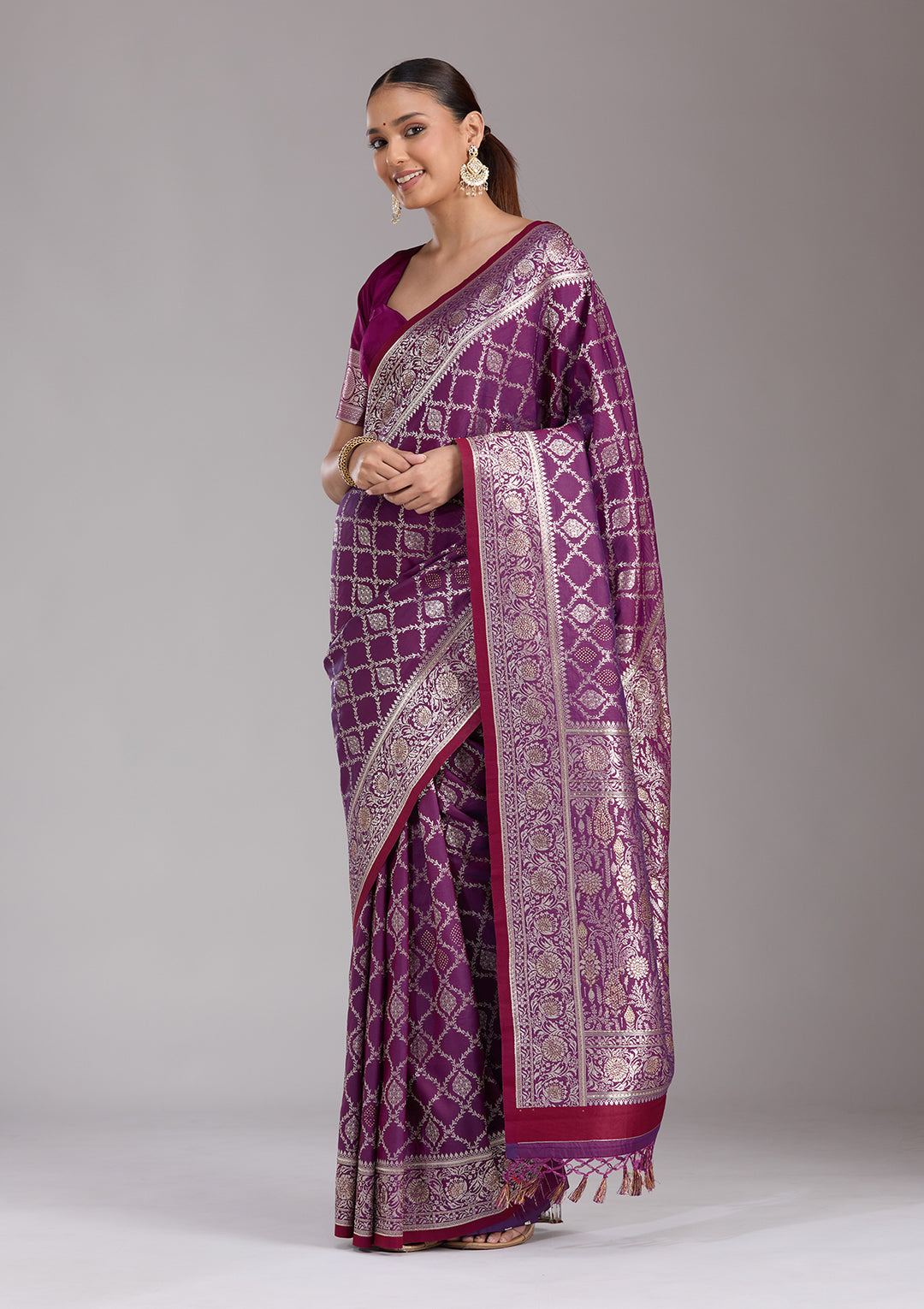 Purple Silk Jaal Stonework Saree With Matching Blouse Piece