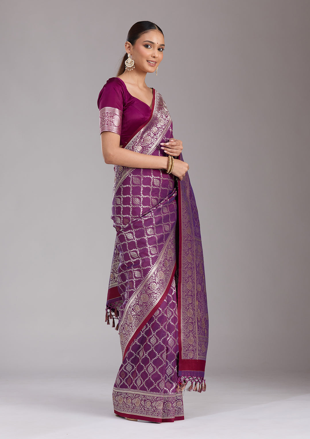 Purple Silk Jaal Stonework Saree With Matching Blouse Piece