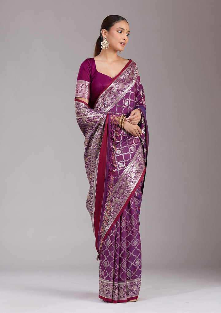 Purple Silk Jaal Stonework Saree With Matching Blouse Piece
