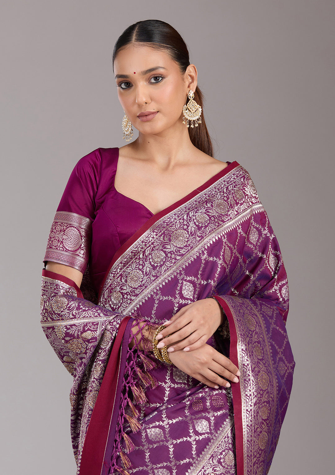 Purple Silk Jaal Stonework Saree With Matching Blouse Piece