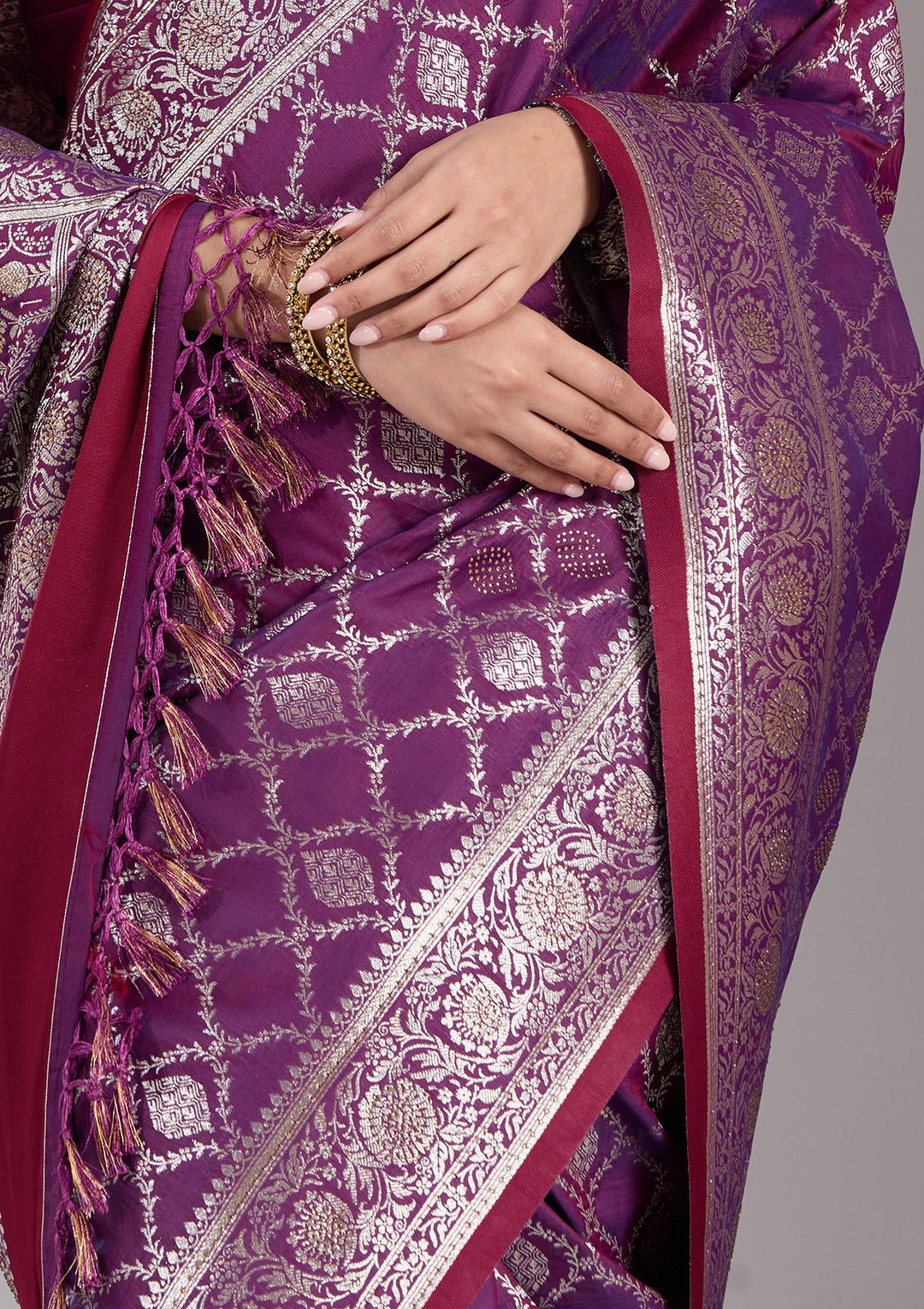 Purple Silk Jaal Stonework Saree With Matching Blouse Piece