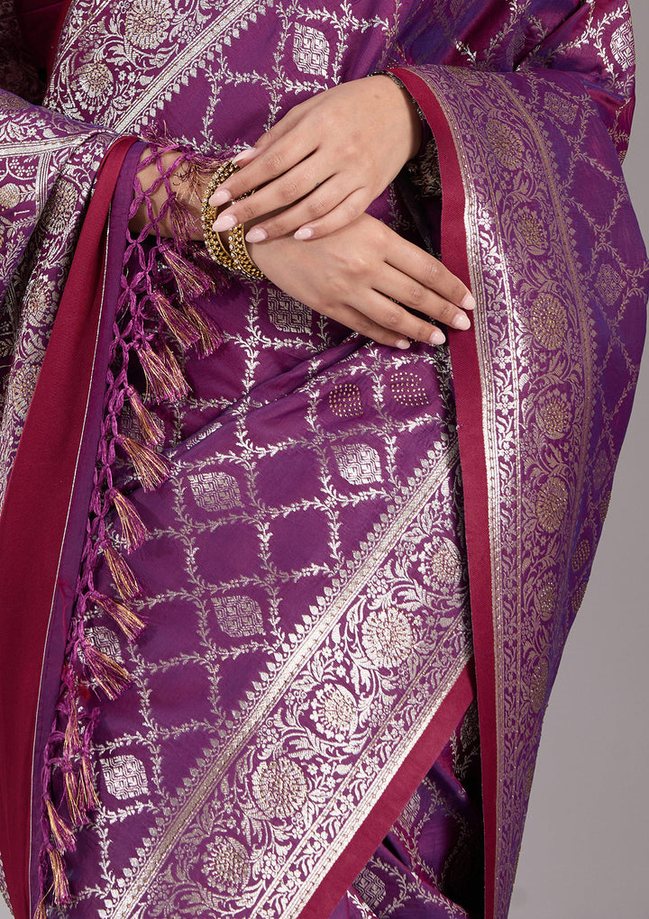 Purple Silk Jaal Stonework Saree With Matching Blouse Piece
