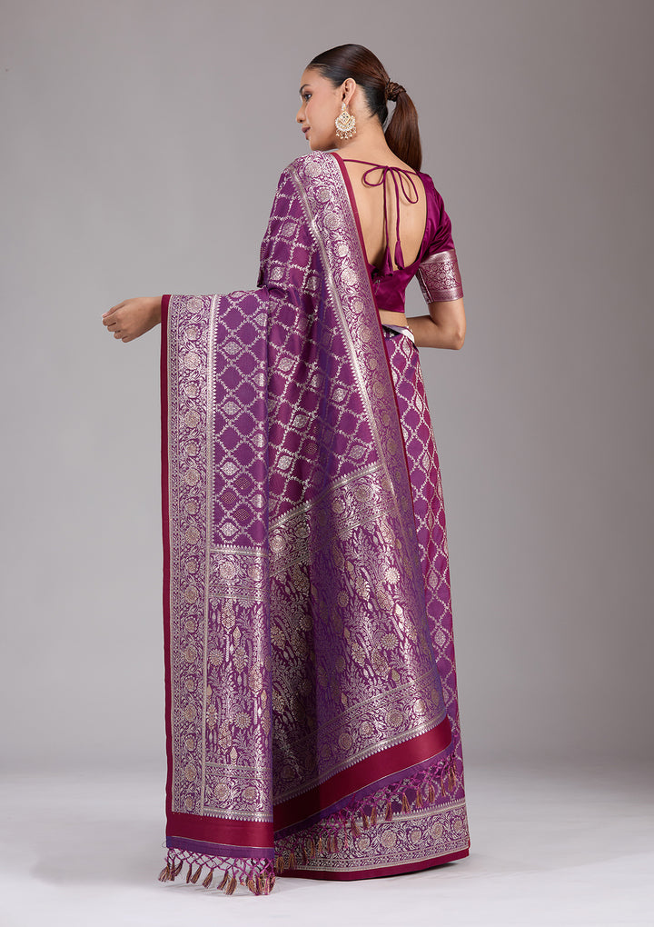 Purple Silk Jaal Stonework Saree With Matching Blouse Piece
