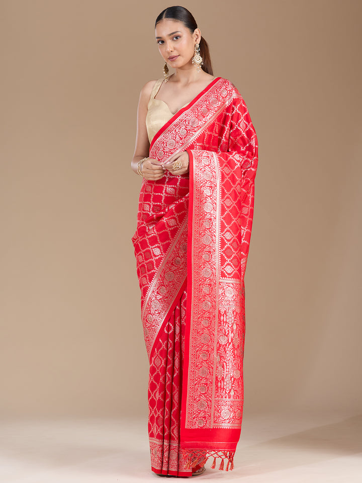 Red Silk Jaal Stonework Saree With Matching Blouse Piece