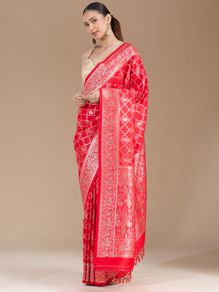 Red Silk Jaal Stonework Saree With Matching Blouse Piece